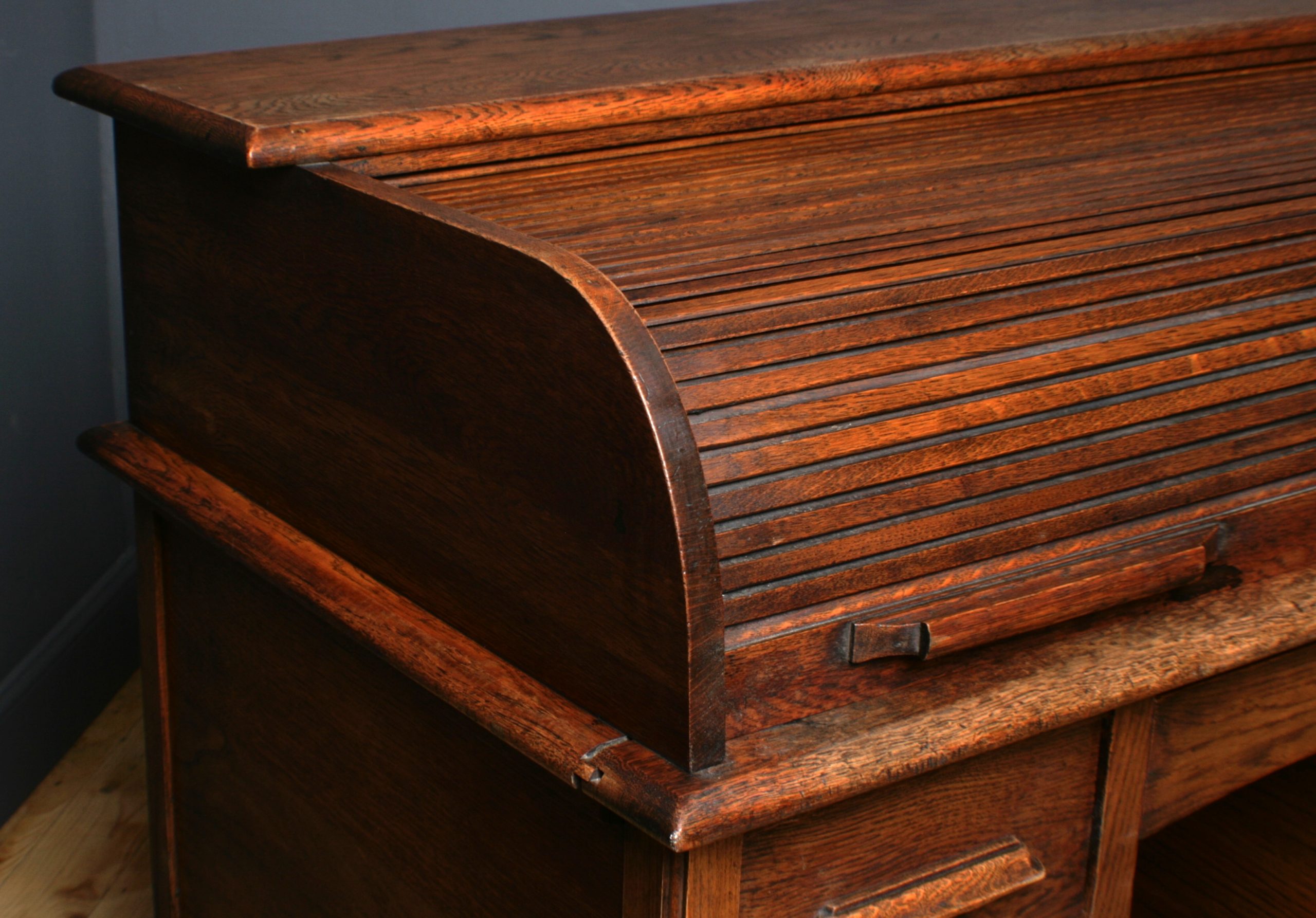 Large Vintage Oak Twin Pedestal Tambour Roll Top Office Writing Desk